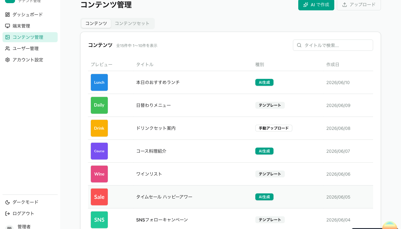 えにばん管理画面: コンテンツ管理。AI生成・テンプレート・手動アップロードのコンテンツを一覧管理