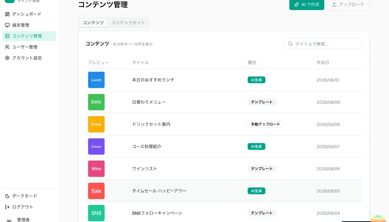 えにばん管理画面: コンテンツ管理。AI生成・テンプレート・手動アップロードのコンテンツを一覧管理