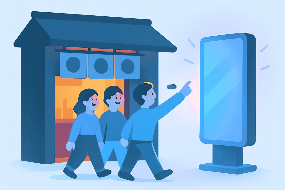 店先のデジタルサイネージに通行人が足を止めている