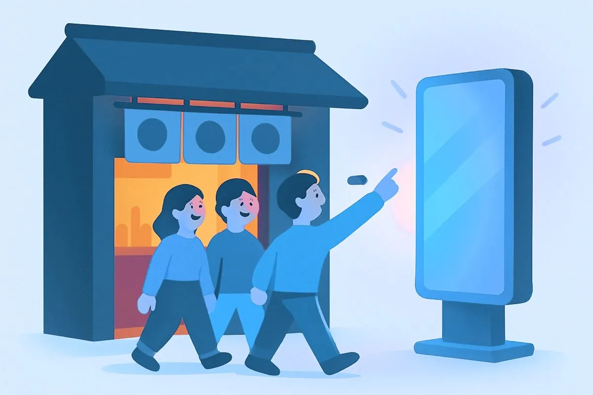 店先のデジタルサイネージに通行人が足を止めている